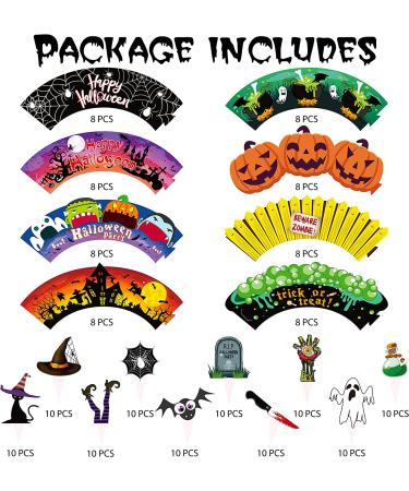 164PCS Halloween Cupcake Toppers Wrappers - Spider Web Pumpkin Zombie Hand Cake Party Decorations Supplies - Buy Online on GoSupps.com
