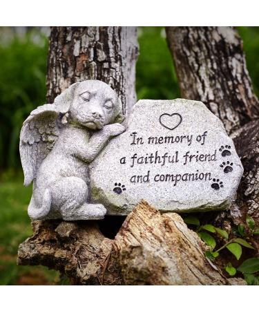 Dog Memorial Stone Statue, Sleeping Dog Angel Figurine Forever in Our Hearts, Dog Grave Markers Outdoor for Deceased Pet, Loss of Dog Memorial Sympathy Gifts Antique Stone Finish 8.86 inch