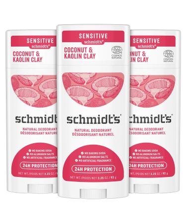 Schmidt's Aluminum Free Natural Deodorant for Women and Men Coconut & Kaolin Clay for Sensitive Skin with 24 Hour Odor Protection Certified Natural Vegan Cruelty Free 3.25 oz 3 pack 3.25 Ounce (Pack of 3)