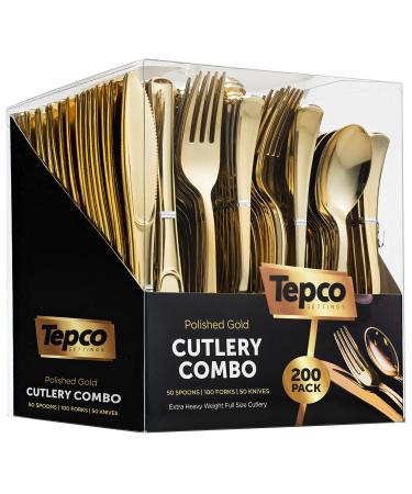 200 Gold Plastic Silverware Set - Plastic Gold Cutlery Set - Disposable Flatware Gold - 100 Gold Plastic Forks, 50 Gold Plastic Spoons, 50 Gold Cutlery Knives Heavy Duty Silverware for Party Bulk