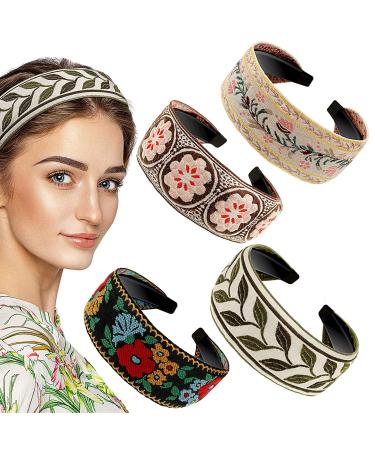 4 Pieces Boho Headband Handmade Embroidery Bohemia Floral Wide Headbands Vintage Ethnic Style Hair Band for Women Girls Hair Accessories (Classic Pattern)