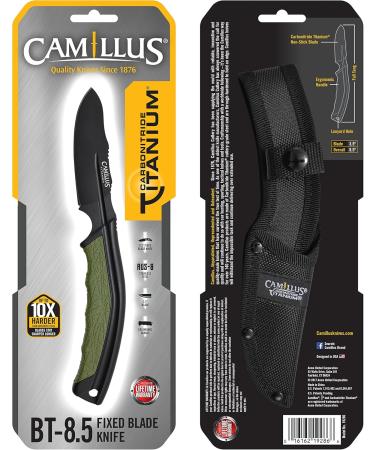 Camillus 19286 BT-8.5 Hunting Knife - 8.9 cm Aus-8 Steel Blade with Ballistic Nylon Sheath - Black/Green GfN/TPE Handle - Ideal for Outdoor Adventures - Buy Online on GoSupps.com