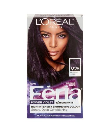 L'Oreal Paris Feria Multi-Faceted Shimmering Permanent Hair Color Hair Dye  V28 Midnight Violet (Deepest Violet) 1 Count (Pack of 1) VIOLETS V28 Midnight Violet (Deepest Violet)