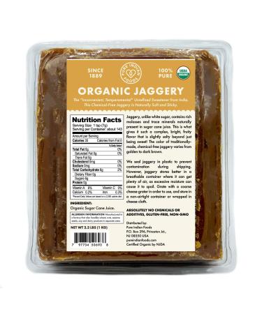 2.2 Lbs. Organic Jaggery - Pure Indian Foods(R) Brand - Known As Gur, Gud or Panela - Raw Wholesome Brown Sugar 2.2 Pound (Pack of 1)