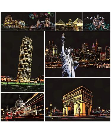 Scratch Rainbow Painting Art Postcards,Scratch & Sketch Art for Kids & Adults,Scratch Painting Creative Gift Engraving Art & Craft Set,Mini Envelope Postcard with 4 Tools,7.9''x5.5''(Classic Series) Classic Building