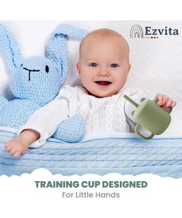 Ezvita Bear Silicone Sippy Cup with Straw - Spill-Proof Lid, Anti-Slip Handles for Babies and Toddlers - Fun Learning Tumbler - Freezer, Microwave, Dishwasher Safe - Silver Sage - Buy Online on GoSupps.com