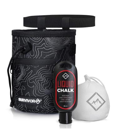SURVIVOR Chalk Bag + Refillable Chalk Ball + Liquid Chalk - Draw String & 2 Zippered Pockets - Black Chalk Bag for Rock Climbing, Bouldering, Weightlifting with Hand Chalk Accessories for Extra Grip