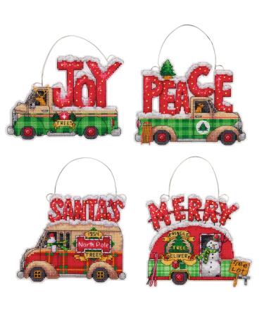 Dimensions Holiday Truck Christmas Ornaments Counted Cross Stitch Kit for Beginners, 14 Count Plastic Canvas, 4pc