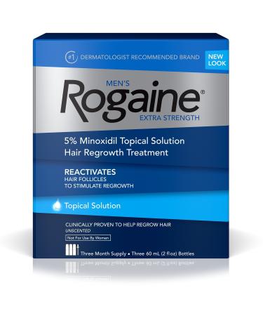 Rogaine Men's Extra Strength 5% Minoxidil Topical Solution for Hair Loss and Regrowth, Treatment for Thinning Hair, 3 Month Supply, Unscented, 2 Fl Oz, Pack of 3 Solution Topical Treatment (3-Month Supply)