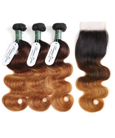 Ombre Bundles With Closure Body Wave Human Hair Brazilian Human Hair 3 Bundles With Closure Weave Hair Human Bundles (12 14 16 + 10 inch, T1B/4/30) 12 14 16 + 10 Inch T1B/4/30