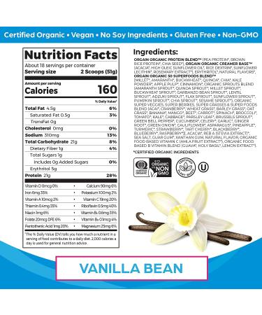 Orgain Organic Protein + Superfoods Powder - Vanilla Bean, 21g Vegan Protein, Non-GMO, 5g Fiber, 2.02lb - Buy Online on GoSupps.com