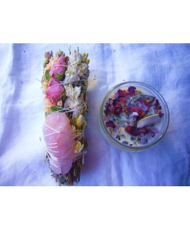 Spring Meadow Smudge Box | Luxury Floral Sage Wand Charged w/Rose Quartz & a 4 oz Smudging Candle Infused w/Botanicals & Crystals | Made in USA | Home Cleansing Blessing Manifesting Rituals Smudge Box 2