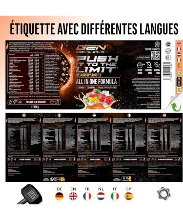 Push it to the Limit - Pr -entra nement avec L-arginine + citrulline + L-tyrosine + L-th anine + L-carnitine + AAKG + taurine + rhodiola rosea + caf ine - Hautement dos - 360 g - Mangue Fraise - Buy Online on GoSupps.com