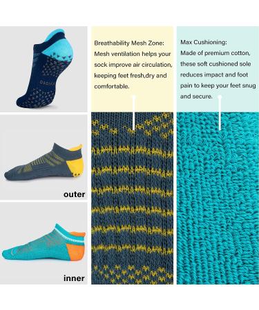3 Pairs Unisex Non Slip Grip Socks for Yoga, Hospital, Pilates, Barre | Ankle Cushioned - Dark Blue Green - Small-Medium - Buy Online on GoSupps.com