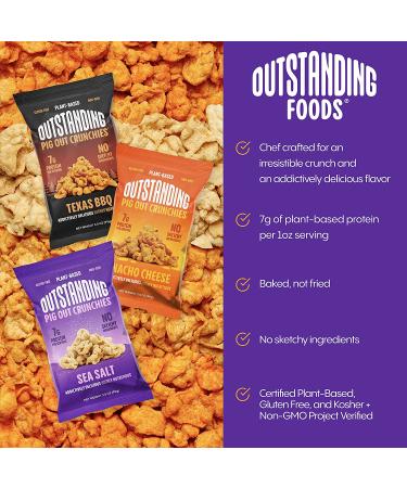 Outstanding Foods Pig Out Crunchies Variety Pack - Plant-Based Protein Snacks - Sea Salt, Texas BBQ, Nacho Cheese Flavors - 3.5 oz - Baked, Gluten-Free, Non-GMO - Pack of 3 - Buy Online on GoSupps.com