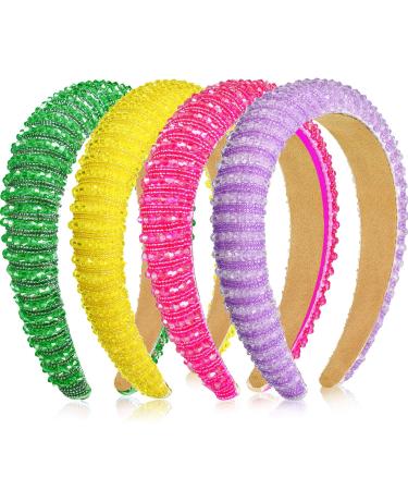 4 Pcs Bachelorette Party Decorations Rhinestone Headbands Crystal Beaded Padded Hairbands Wide Baroque Rhinestone Embellished Headwear Cute Headbands (Yellow  Green  Rose Red and Light Purple)