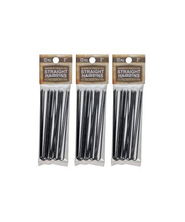 Hair pins 3 Inch Straight 3 Packs (36 pins) Stainless Steel SILVER Heavy Duty Snagless Handmade use Hairpins instead of Bobby Pins for Wedding/Bridal Up-do's Stainless Steel Silver 12 Count (Pack of 3)