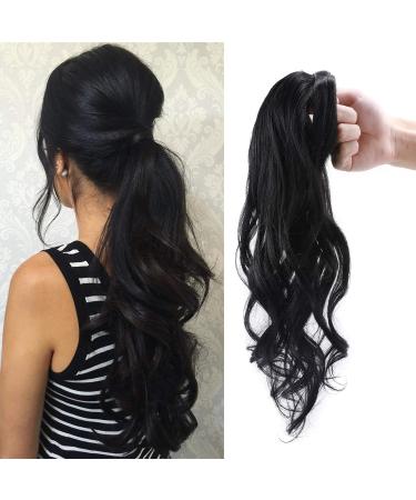 18" Ponytail Extension Human Hair Real Remy Curly Wavy #1 Jet Black (90g)
