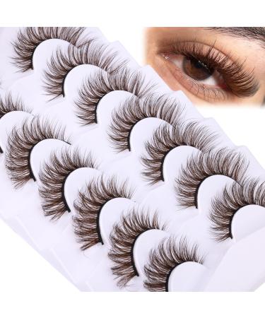 ALPHONSE Brown Lashes Strip Dark Brown Colored False Lashes Extensions Natural Look Short Wispy D Curl Brown Eyelashes 7 Pairs Pack C/Brown