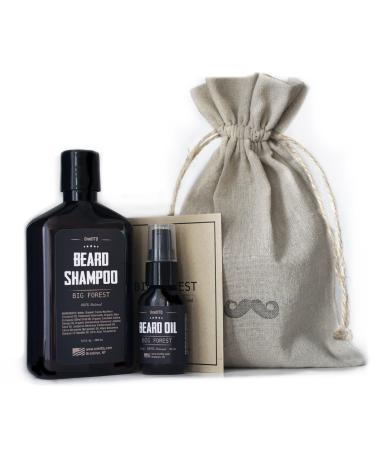 Big Forest Beard Growth Kit: Beard Wash & Beard Oil - 100% Natural & Organic Facial Hair Care Set for Men - in a Mustache Stamped Linen Pouch