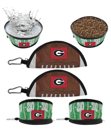 NCAA College Collapsible Dog Travel Bowl, Food and Water Bowl for Dogs, Best Football Portable & Lightweight Leak-Proof Dog Bowl for Travel with Football Field & Pebble-Grain Football Design Georgia Bulldogs 2 Pack