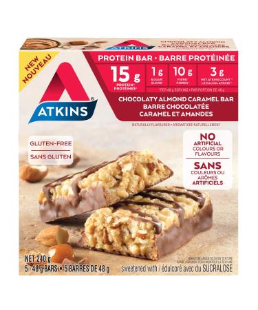 Atkins Protein Bars - Chocolaty Almond Caramel Low Sugar Keto Friendly High Protein High Fibre 1g Sugar 3g Carbs 5ct