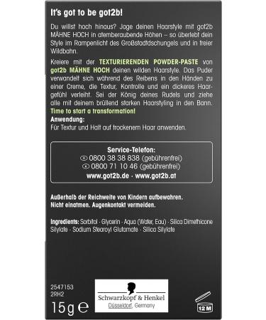 Schwarzkopf got2b Texturising Powder Paste Mane High Pack of 6 x 15 g - Buy Online on GoSupps.com