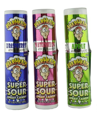 Warheads Super Sour Candy Spray Bottles, Sampler, Bundle, (.68 Oz. Bottles), Blue Raspberry, Apple and Watermelon 0.68 Fl Oz (Pack of 3)