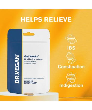 Dr. Vegan Gut Works: 50bn Live Cultures | Pre & Probiotic | 30 Vegan Capsules | One-A-Day | 6 Clinically Studied Strains - Buy Online on GoSupps.com