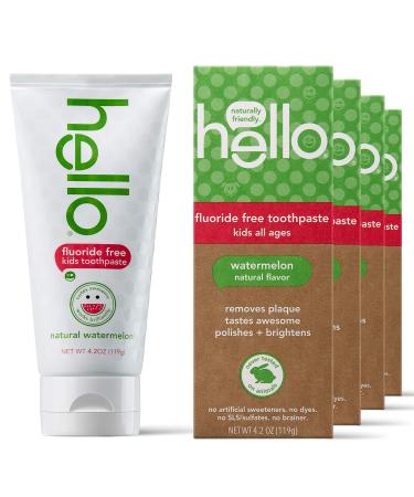 Hello Natural Watermelon Flavor Kids Fluoride Free Toothpaste, Vegan, SLS Free, Gluten Free, Safe to Swallow for Baby and Toddlers, 4.2 Ounce (Pack of 4) 4 pack