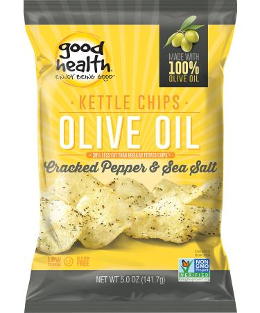 Good Health Kettle Style Potato Chips, Olive Oil, Cracked Pepper & Sea Salt, 5 oz. Bag, 12 Pack – Gluten Free, Crunchy Chips Cooked in 100% Olive Oil, Great for Lunches or Snacking on the Go