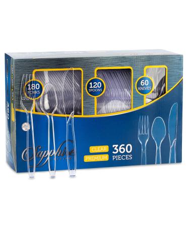 Party Bargains Disposable Cutlery set, SAPPHIRE Design, Clear Color, 360 Pieces: 180 Forks, 120 Spoons, 60 Knives A Sapphire 360 Pieces