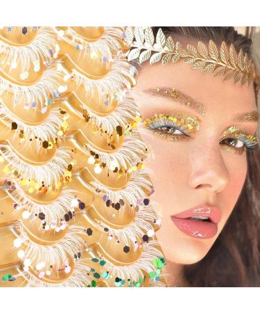 FANXITON Glitter Colored Soft False Eyelashes 18mm Cat Eye Lashes - 10 Pairs Pack in White for Halloween Makeup - Buy Online on GoSupps.com