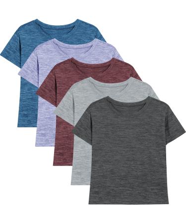 Girls Short Sleeve T Shirts Dry-Fit Crew Neck Active Tops Soft Athletic Performance Tees Large 5pack Black grey red blue purple