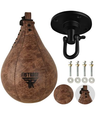 FISTRAGE Speed Bag Boxing Ball Leather MMA Muay Thai Training Punching Dodge Striking Kit with Free Hanging Swivel Workout Speedball Kicking Platform Equipment Vintage Black