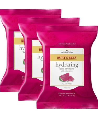 Burt’s Bees Hydrating Facial Cleanser Towelettes and Makeup Remover Wipes for All Skin Types with Watermelon, Made with Repurposed Cotton, 30 Count (Pack of 3)