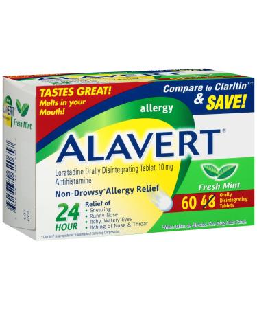 Alavert Allergy 24-Hour Relief Flavor Orally Disintegrating Tablets Non-Drowsy Antihistamine Fresh Mint 60 Count Fresh Mint 60 Count (Pack of 1)