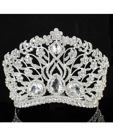 Janefashions Large Floral Clear White Austrian Rhinestone Crystal Tiara Crown With Hair Comb Headband Veil Headpiece Beauty Queen Princess Pageant Theater Show Bridal Silver T901