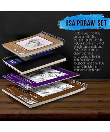 U.S. Art Supply Sketching & Drawing Paper Pads - 242 Sheets - Spiral Bound - Charcoal Pencil - Mixed Media - 4-Piece Set - Buy Online on GoSupps.com