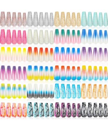 576 Pieces Coffin False Nails Extra Long Ballerina Nails Glitter Long Artificial Nail Tips Ballerina ABS Press on Nails Full Cover Stick on Nails Multi-color Nails for Women Girls (Glitter Pattern)