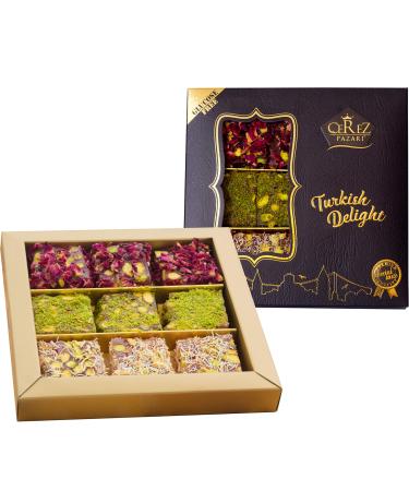 Cerez Pazari Turkish Delight Pistachio with Fantastic Rose & Pomegranate Flavour Experience in Luxury Gift Box 8.8 oz | Assorted Gourmet Soft Candy, Sweet Vegan Traditional Lokum (Loukoumi) (9-11 Pcs)