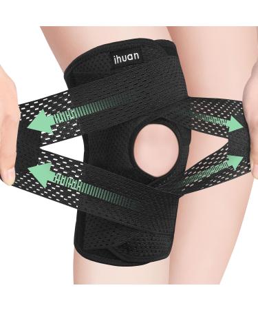 ihuan Knee Braces for Knee Pain Women Men - Open Patella Knee Compression Sleeve with Adjustable Straps for Working Out Knee Support with Side Stabilizers for Meniscus Tear MCL ACL Arthritis Black Medium