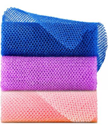 BAIMEI 3 Pieces African Net Sponge Bath Sponge Exfoliating  Long Body Scrubber for Skin Clean (Pink  Purple  Blue)