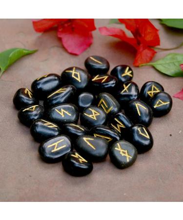 Black Obsidian Rune Stones Set - Elder Futhark Alphabet Engraved Symbols for Chakra Balancing | 15-20 mm Stones with Pouch & Brochure - Buy Online on GoSupps.com