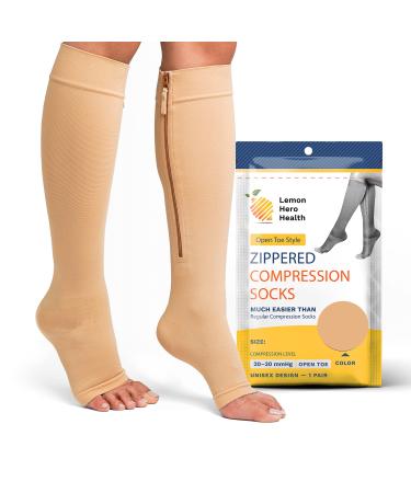 Lemon Hero Zipper Compression Socks 20-30mmHg Open Toe with Zip Guard Skin Protection (Sizes Med to Wide 5XL)- Medical Zippered Compression Socks for Men & Women - XXL Short, Black 2XL- Short Beige