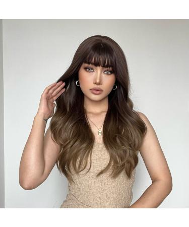 EMMOR Brown Wigs for Women Long Curly Wigs with Bangs Wave Heat Resistant Synthetic Wigs Soft Natural Looking