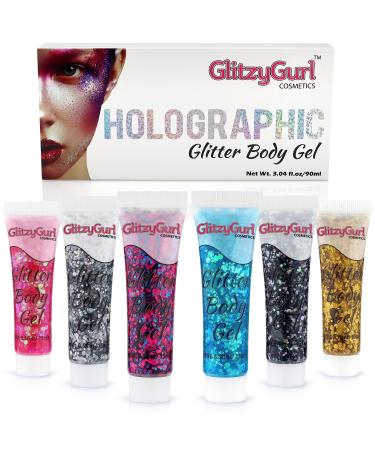 Holographic Glitter Face and Body Gel Festival 6 Pack Cosmetic for Face Body & Hair Glitter Pack of 6 - Buy Online on GoSupps.com