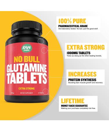 Glutamine Tablets - Pure Non GMO with Natural Ingredients - 120 Pills at 1000mg - Amino Acid Supplement by Raw Barrel - Buy Online on GoSupps.com