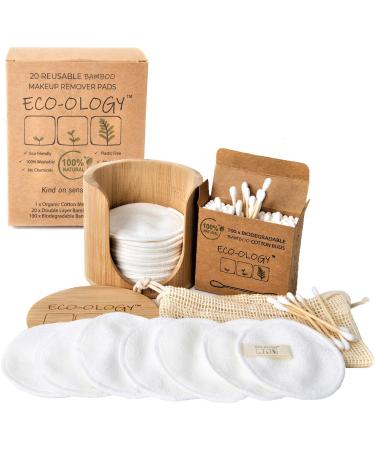 ECO-OLOGY 20 Reusable Makeup Remover Pads with Bamboo Storage Pot 100x Biodegradable Ear Buds and Cotton Laundry Bag. Reusable Cotton Pads for Cleansing or Removing Makeup