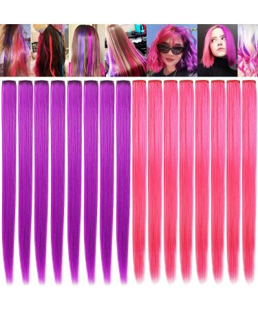 LSKJMO Pink & Purple Wig Pieces Colorful Party Highlights Clip in Colored Hair Extensions Multicolors Straight Synthetic Hairpieces for Women Kids Girls Purple Pink